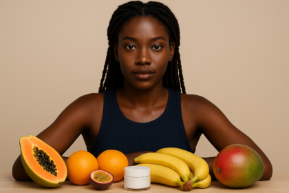 femme avec fruits devant elle